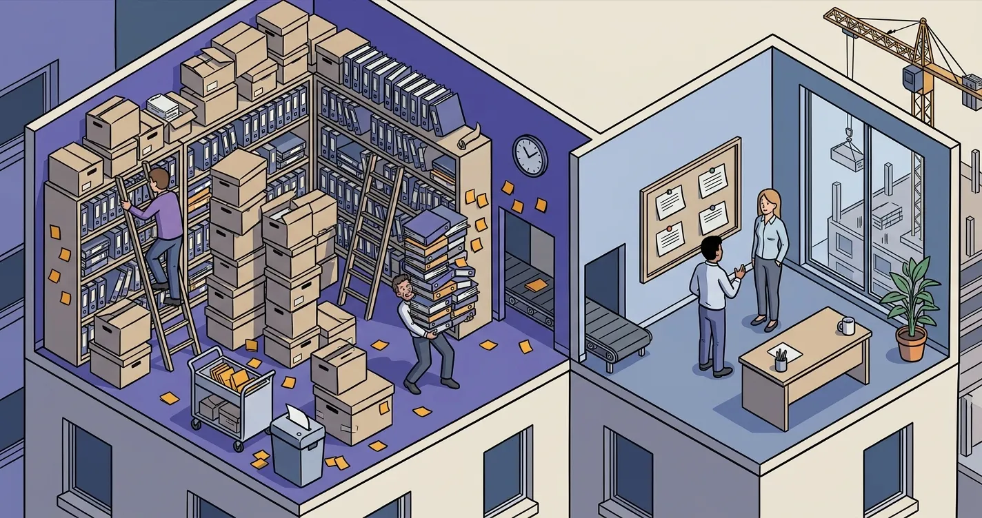 Coupe d'un bâtiment de bureaux : à gauche une salle d'archives saturée de cartons et de classeurs, à droite une petite salle où deux personnes commentent quatre fiches de synthèse épinglées au mur.