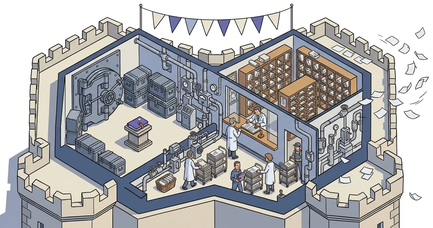 Coupe d'un bâtiment d'archives ceint d'une enceinte hexagonale : chambre forte, guichet d'archiviste et casiers de tri, quelques feuilles s'échappant au-dessus des murs.