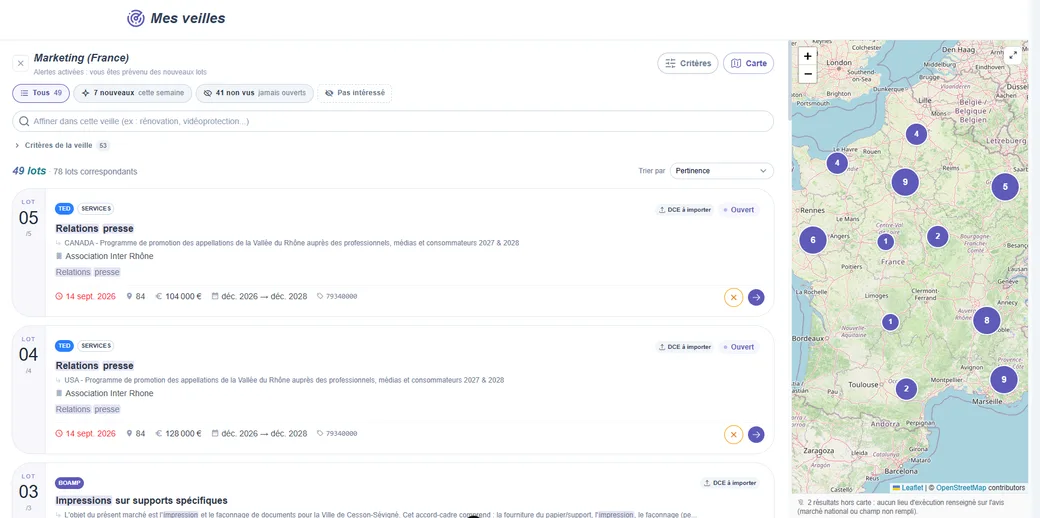 Liste des nouveaux appels d'offres publics détectés par la veille Gonao