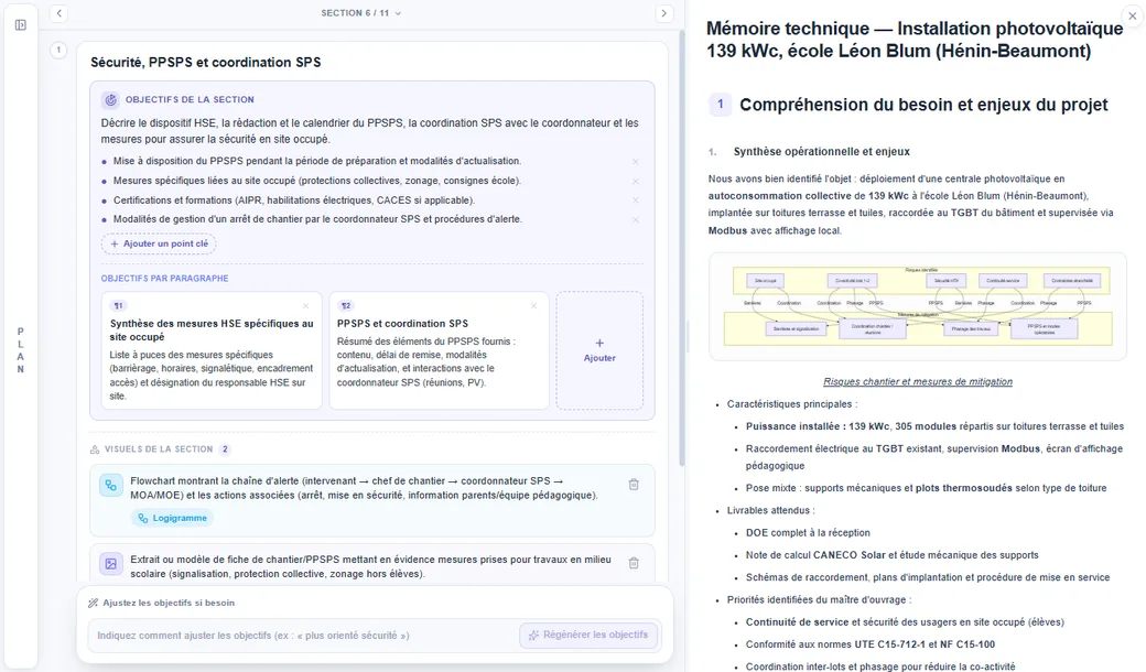 Rédaction du mémoire technique dans Gonao : objectifs de la section à gauche, contenu rédigé à droite
