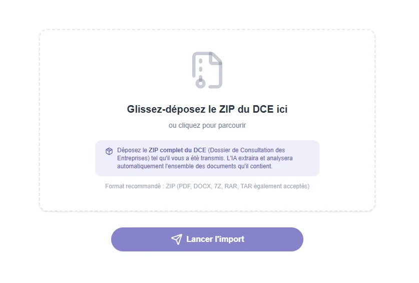 Import d'un appel d'offres privé dans Gonao par glisser-déposer d'un dossier ZIP